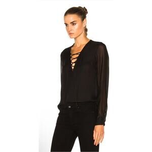 EUC L’AGENCE Ynez Lace Up Blouse XS Black Silk Sheer Long Sleeve Designer Top